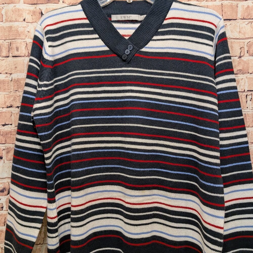 EWM Sweater 100% Acrylic Red/White/Blue Stripes Size Large 18-20 - Picture 2 of 10